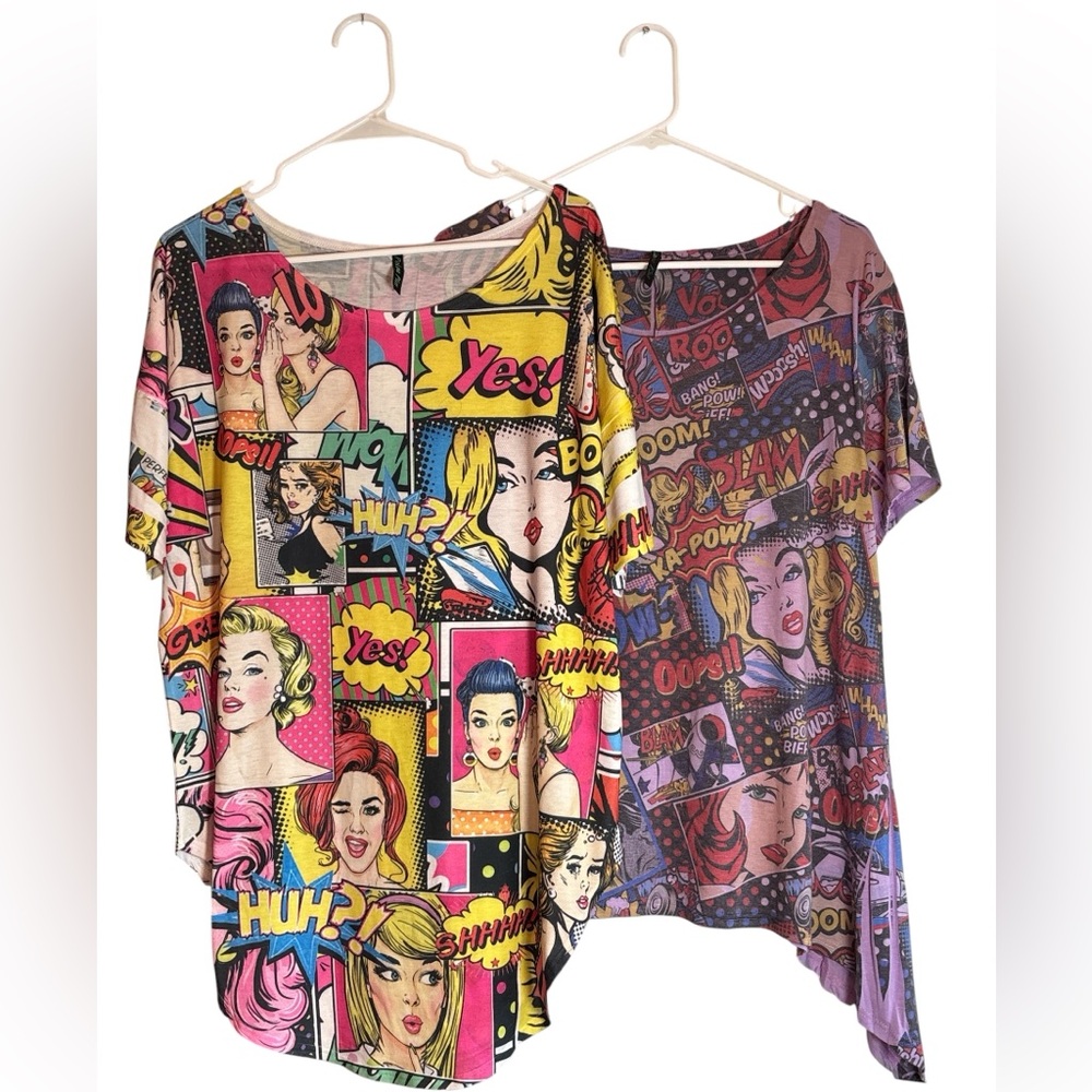 TWO! Poliana Plus 3XL Pop Art Comic Print Tops Asymmetrical & Rounded Hem